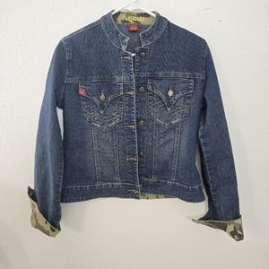 Funhouse Dark Blue Denim w/Camouflage Sleeves Junior's Jacket Size L